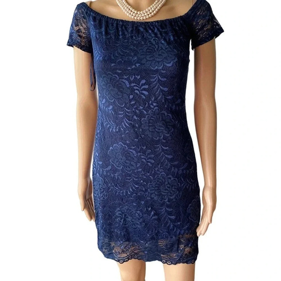 Pinky Blue  Floral lace Off Shoulder bodycon Dress Women Size S - Picture 1 of 5